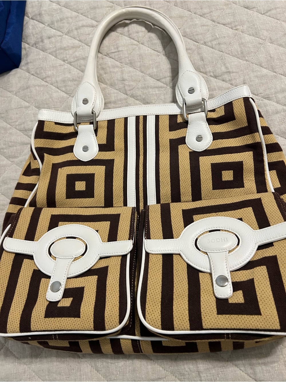 Geometric Brown & Cream Canvas Tote with Front Pockets